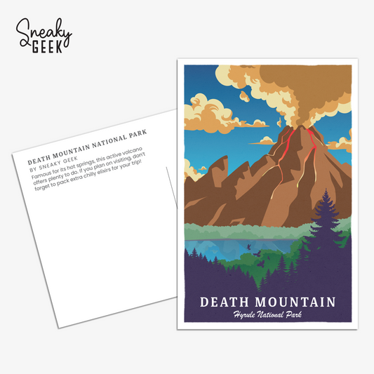 A postcard featuring an illustration of Death Mountain from the Legend of Zelda series. The mountain is depicted with smoke and lava flowing from its peak, surrounded by a forest and a clear blue sky. The back of the postcard includes text about Death Mountain National Park.