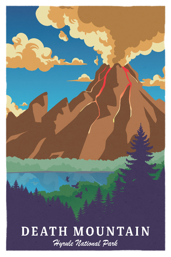 A postcard featuring an illustration of Death Mountain from the Legend of Zelda series. The mountain is depicted with smoke and lava flowing from its peak, surrounded by a forest and a clear blue sky. The back of the postcard includes text about Death Mountain National Park.