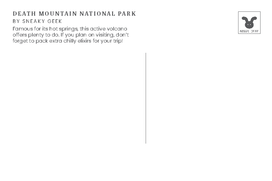 A postcard featuring an illustration of Death Mountain from the Legend of Zelda series. The mountain is depicted with smoke and lava flowing from its peak, surrounded by a forest and a clear blue sky. The back of the postcard includes text about Death Mountain National Park.