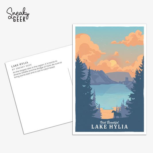 A postcard featuring an illustration of Lake Hylia from the Legend of Zelda series. The image shows a serene lake surrounded by pine trees, with mountains and a bridge in the background under a colorful sky at sunset. The text on the postcard reads 'Visit Beautiful Lake Hylia.'