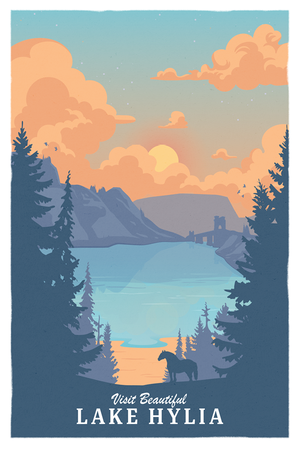 A postcard featuring an illustration of Lake Hylia from the Legend of Zelda series. The image shows a serene lake surrounded by pine trees, with mountains and a bridge in the background under a colorful sky at sunset. The text on the postcard reads 'Visit Beautiful Lake Hylia.'