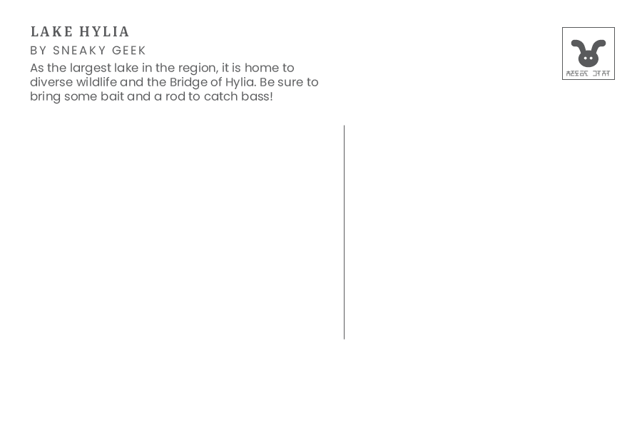 The back of a postcard featuring an illustration of Lake Hylia from the Legend of Zelda series. The image shows a serene lake surrounded by pine trees, with mountains and a bridge in the background under a colorful sky at sunset. The text on the back of the postcard reads 'As the largest lake in the region, it is home to diverse wildlife and the Bridge of Hylia. Be sure to bring some bait and a rod to catch bass!'