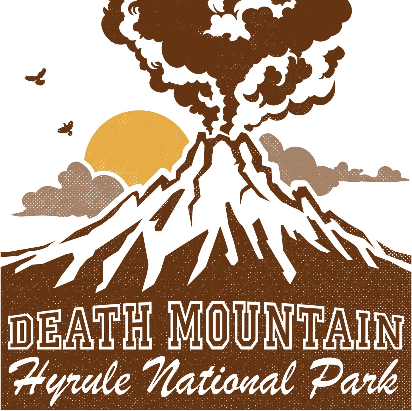 A illustration featuring a design inspired by the Legend of Zelda. The design shows Death Mountain with a stylized eruption and the text 'Death Mountain Hyrule National Park' below it.